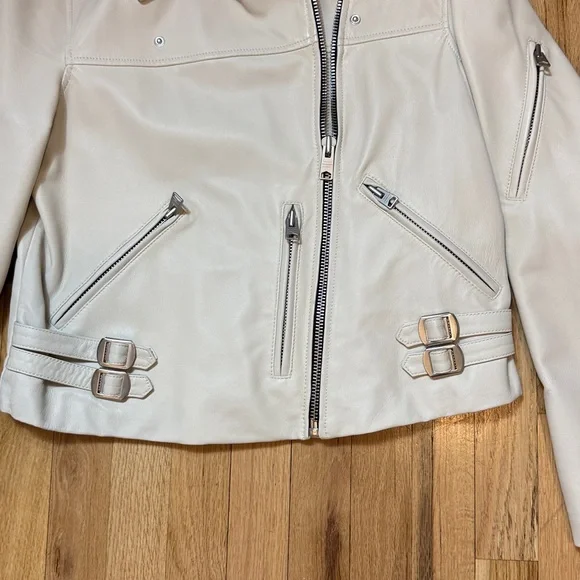 AllSaints Women’s Ivory Leather Motorcycle Biker Jacket with Black Lining 12 - Picture 6 of 12